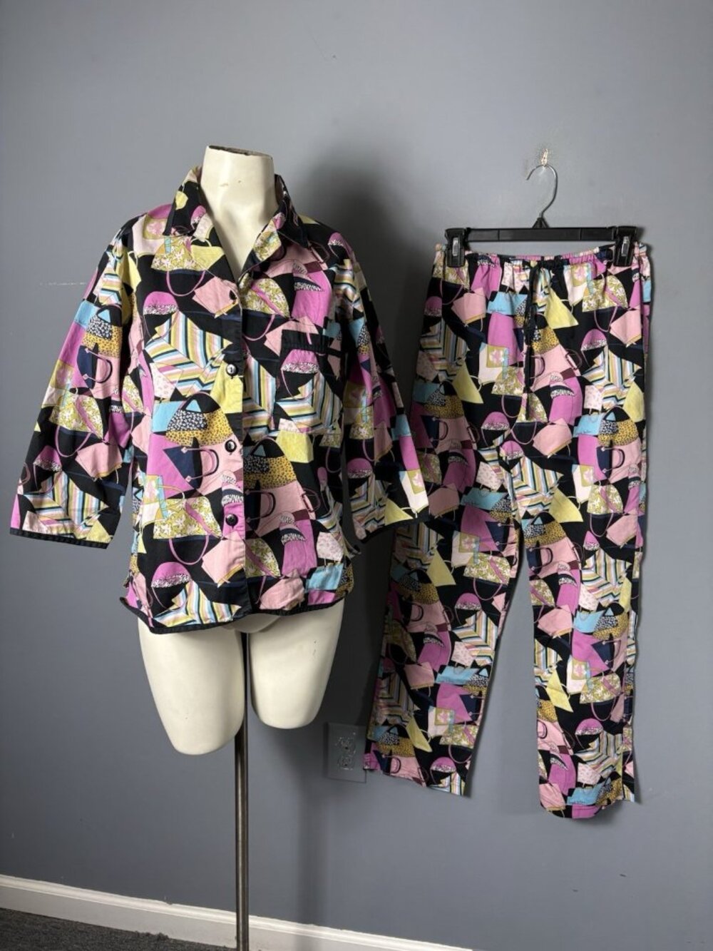 Vintage Y2K NICOLE MILLER Womens S 2pc Novelty Purse Print Pajama Set